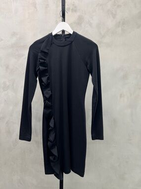 Victoria Beckham Black Long-Sleeve Ruffle-Trim Dress
